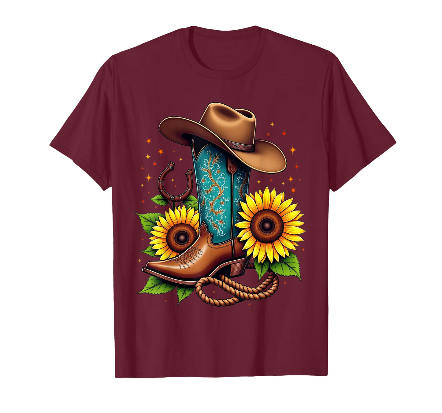 Western Cowboy Boot Sunflower Horseshoe Rope Cowgirl Boot T-Shirt
