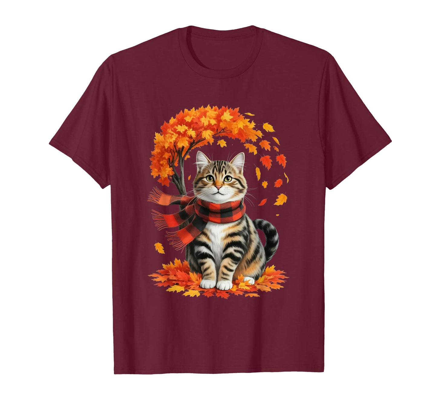Cat in Autumn Scarf with Falling Leaves and Tree T-Shirt