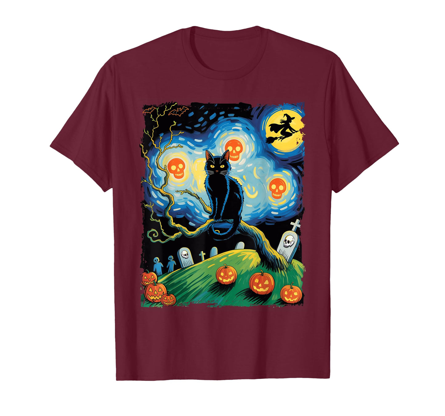 Halloween Van Gogh Starry Night Pumpkin Black Cat Costume T-Shirt