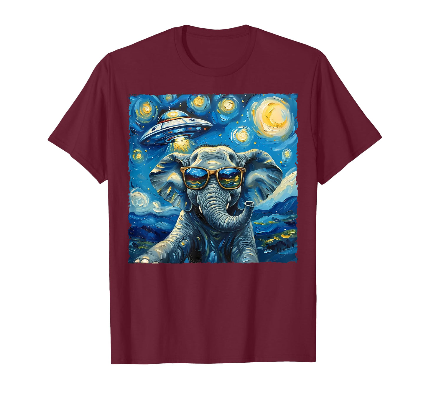 Elephant Selfie Van Gogh Style Starry Night Alien UFO Sci-Fi T-Shirt