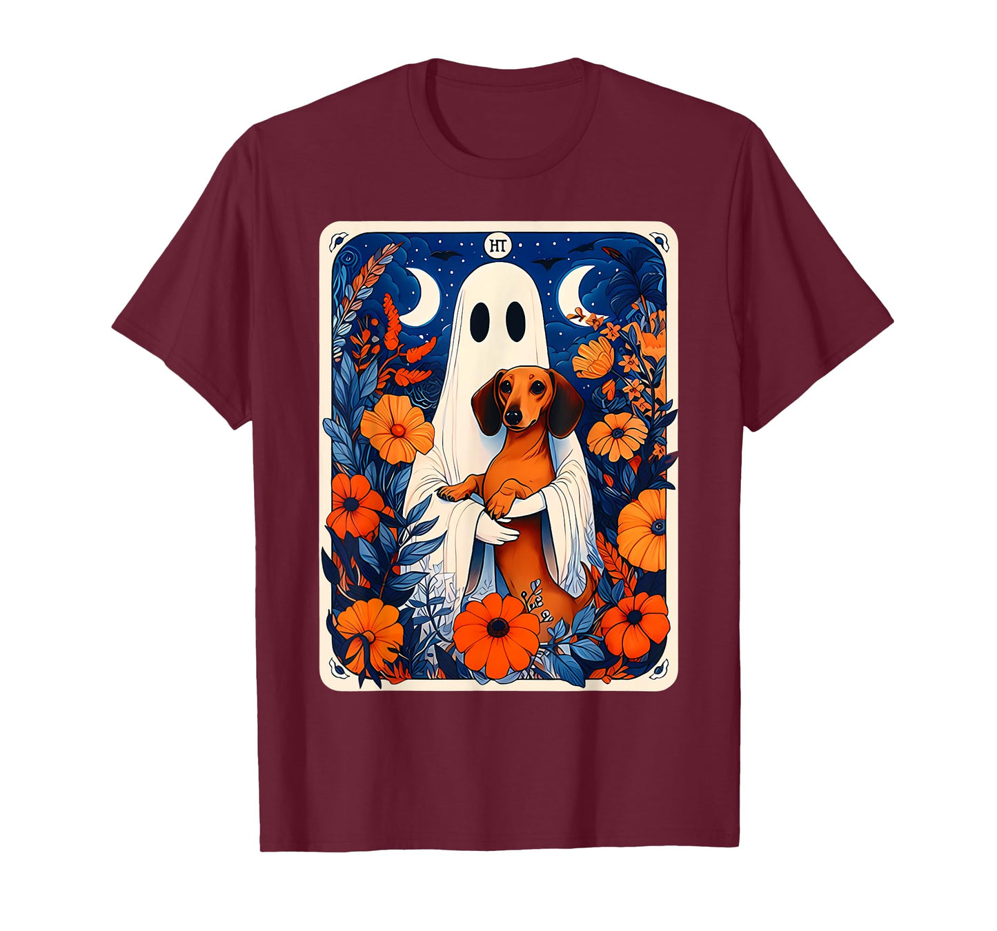 Ghost Holding Dachshund Spooky Tarot Card Fall Halloween T-Shirt