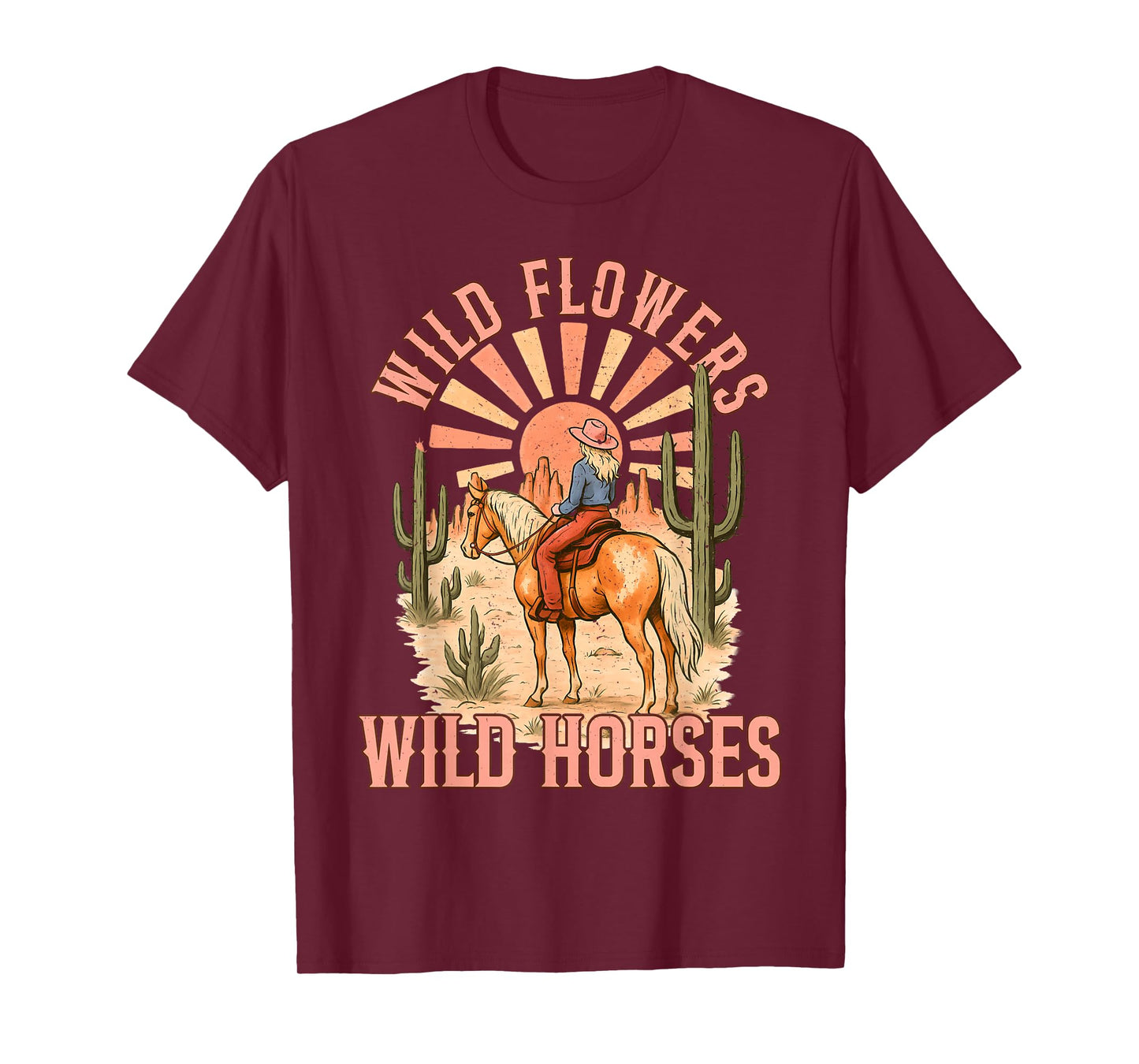 Southern Sunset Cowgirl Retro Wild Flowers Horses for Girl T-Shirt
