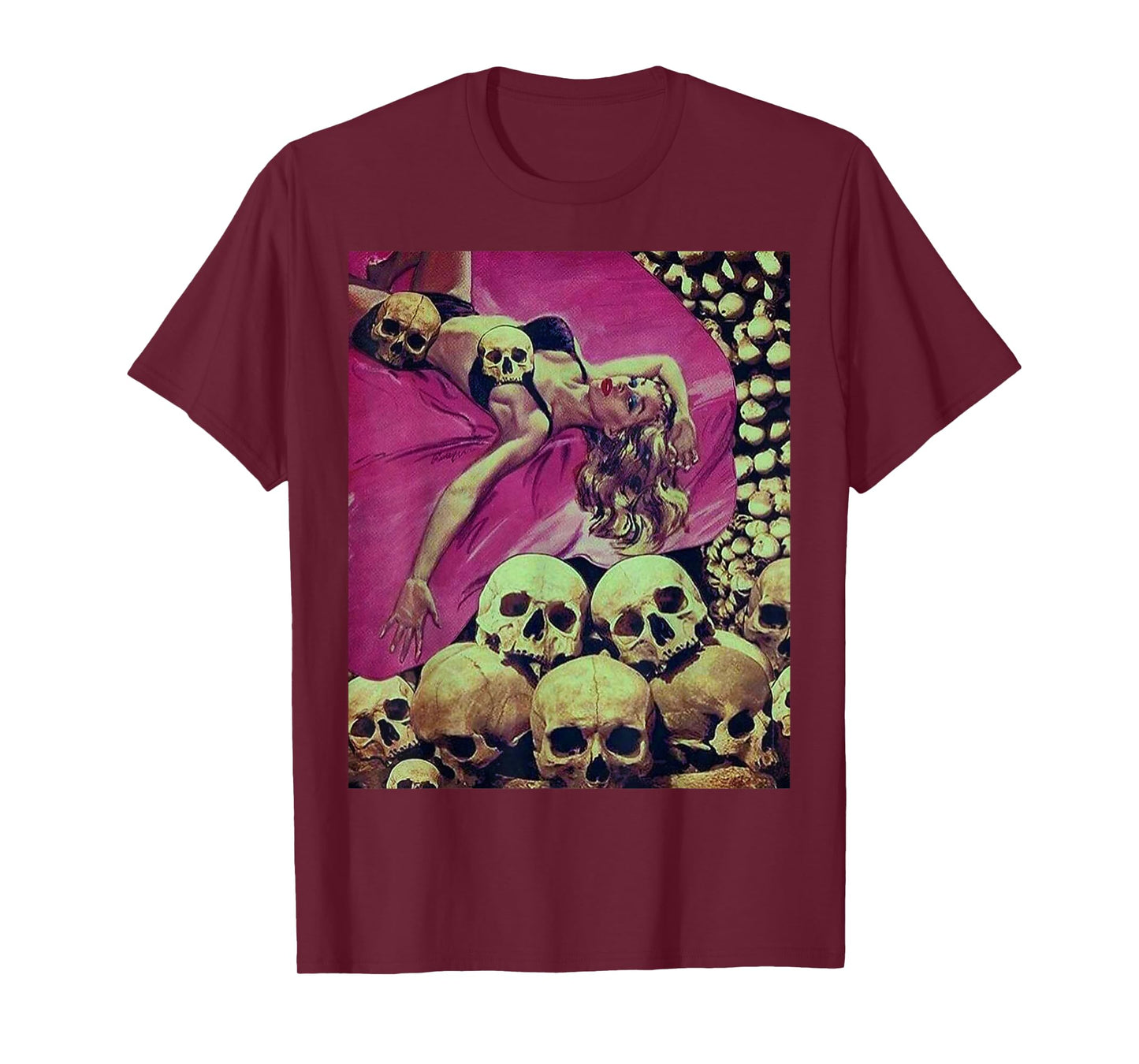 Pin Up Girl in a Bed of Skulls Sci Fi Sexy Horror Comic Book T-Shirt