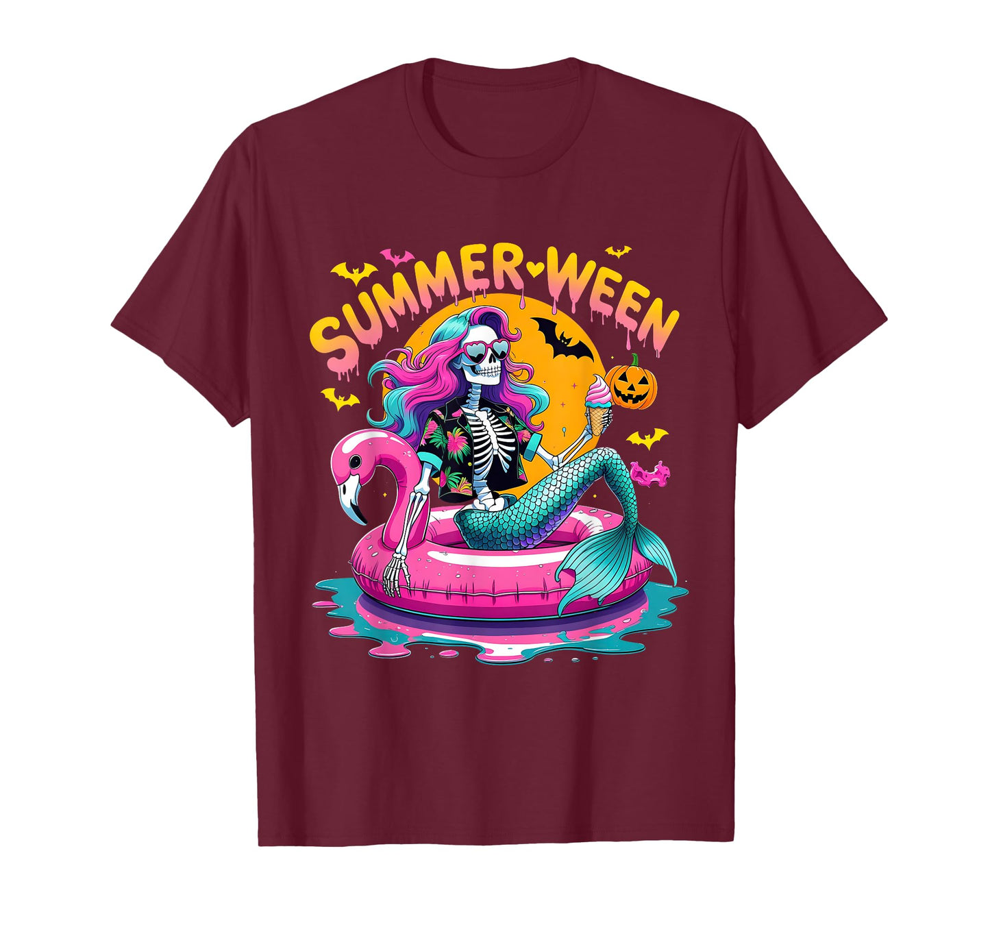 Summerween Vibes Spooky Summer Mermaid Skeleton Halloween T-Shirt