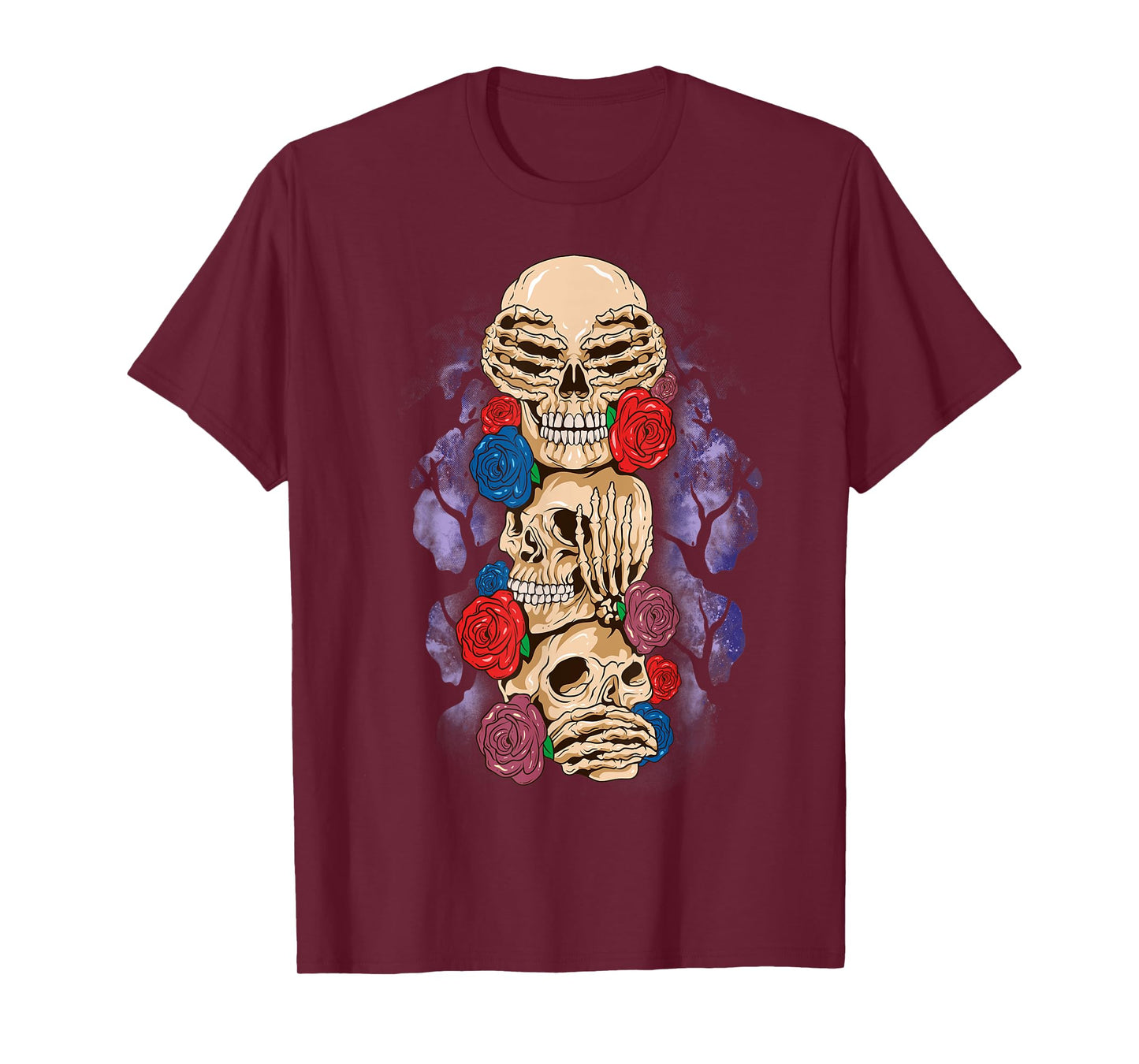 Skull Halloween See No Evil Hear Speak Wise Monkey Rose T-Shirt