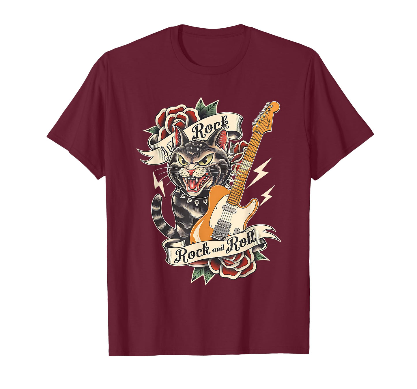 Rock and Roll Guitar Vintage Classic Tattoo Style Rock Cat T-Shirt