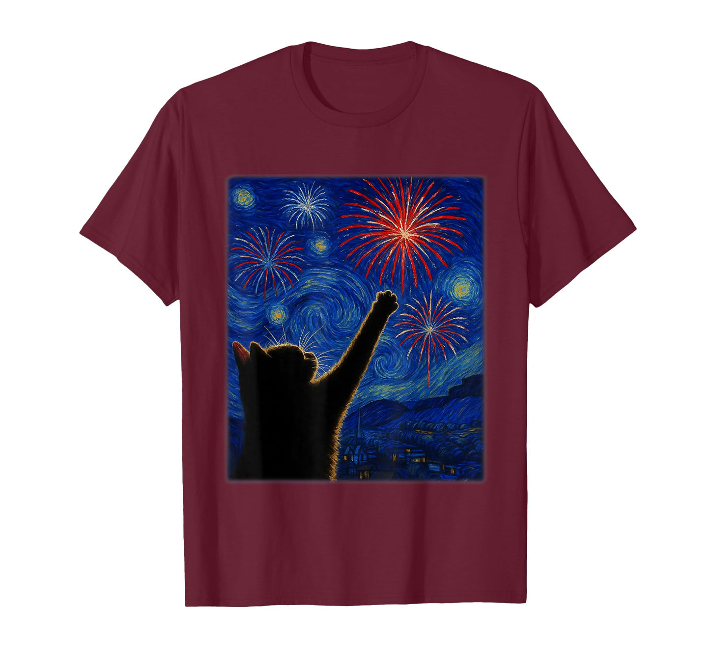 Cat Starry Night Van Gogh USA Flag 4th of July Men Women T-Shirt