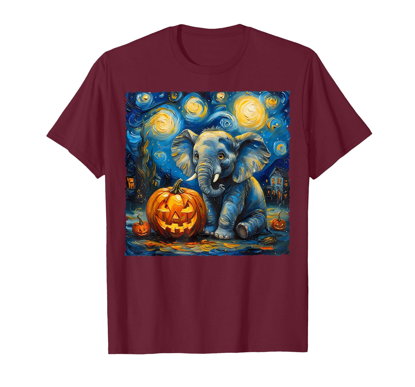 Elephant Pumpkin Van Gogh Starry Night Art Style Halloween T-Shirt