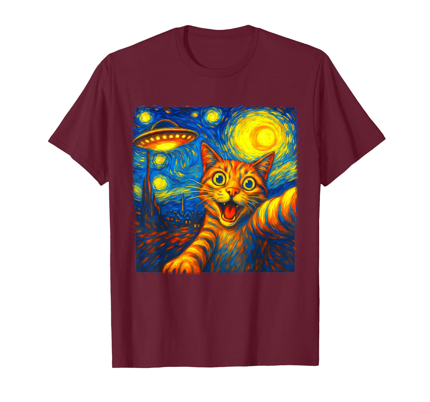 Cat Selfie With Alien UFO Funny Starry Night Van Gogh J T-Shirt