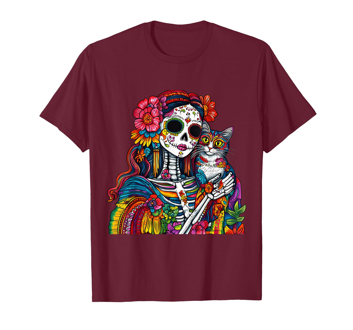 Cute Da De Los Muertos Cat Skeleton Sugar Skull T-Shirt