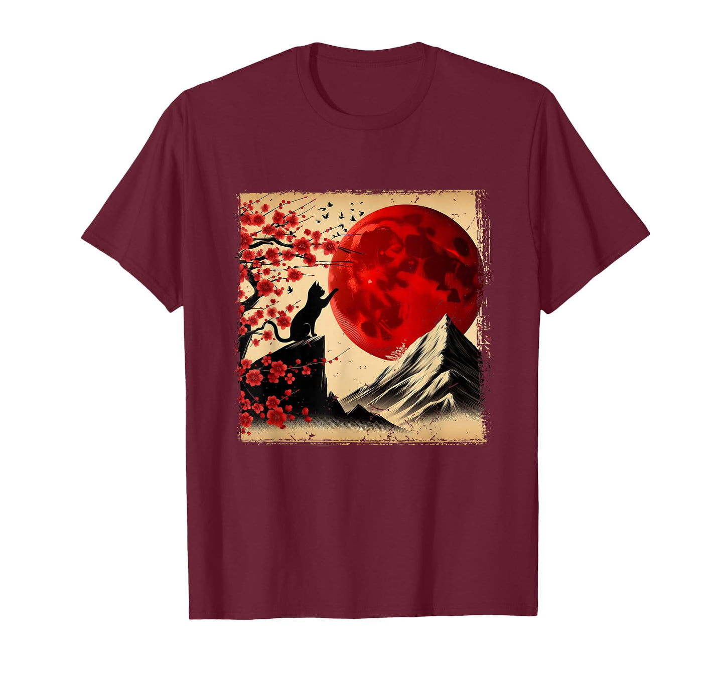 Cat Silhouette Cherry Blossoms Red Moon Japanese T-Shirt