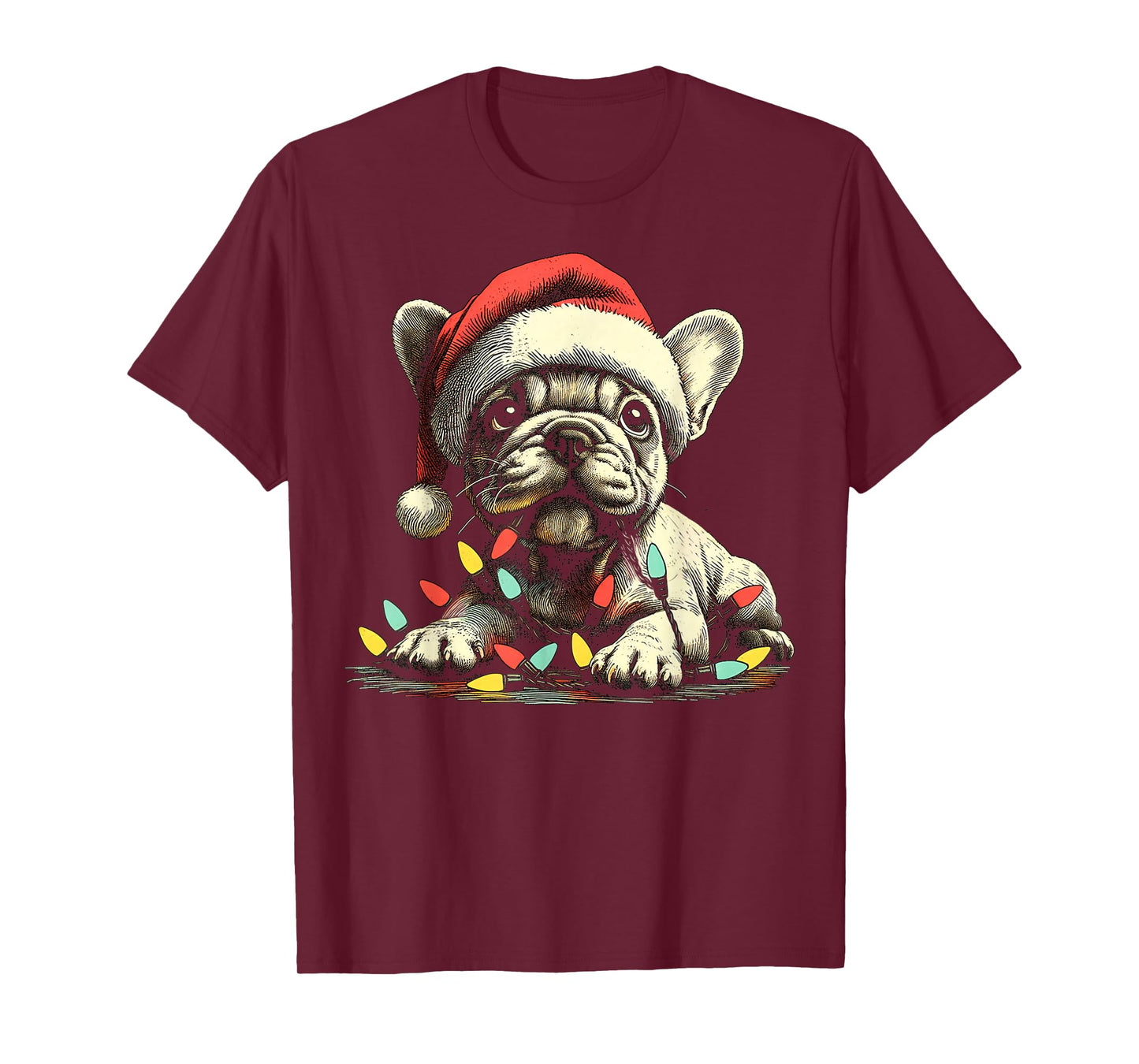 French Bulldog Chew Christmas Light Frenchie Xmas Holiday T-Shirt for Men Women Kids