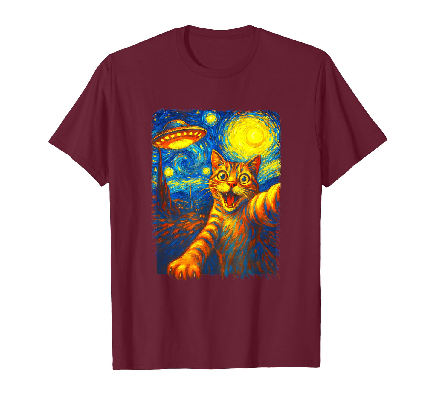 Cat Selfie With Alien UFO Funny Starry Night Van Gogh T-Shirt for Men Women Kids