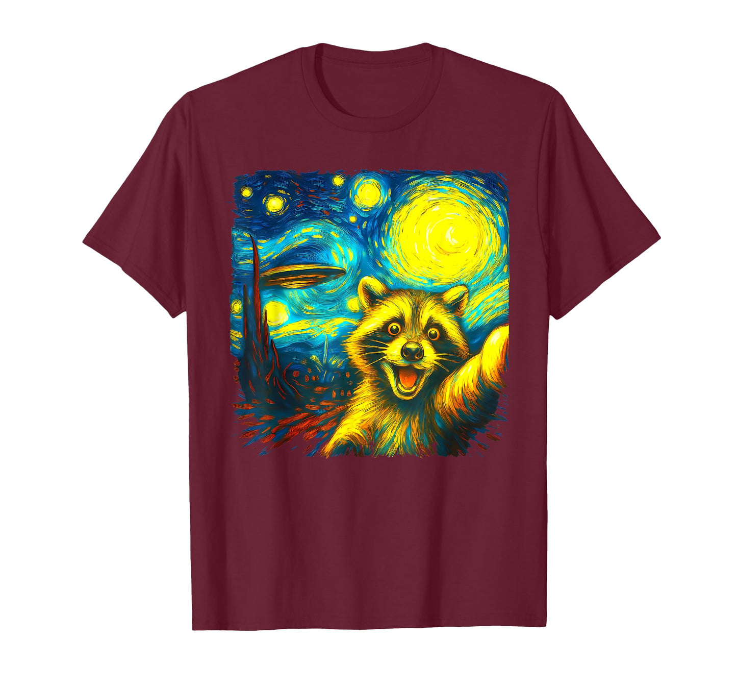 Raccoon Selfie With Alien UFO Funny Starry Night Van Gogh T-Shirt