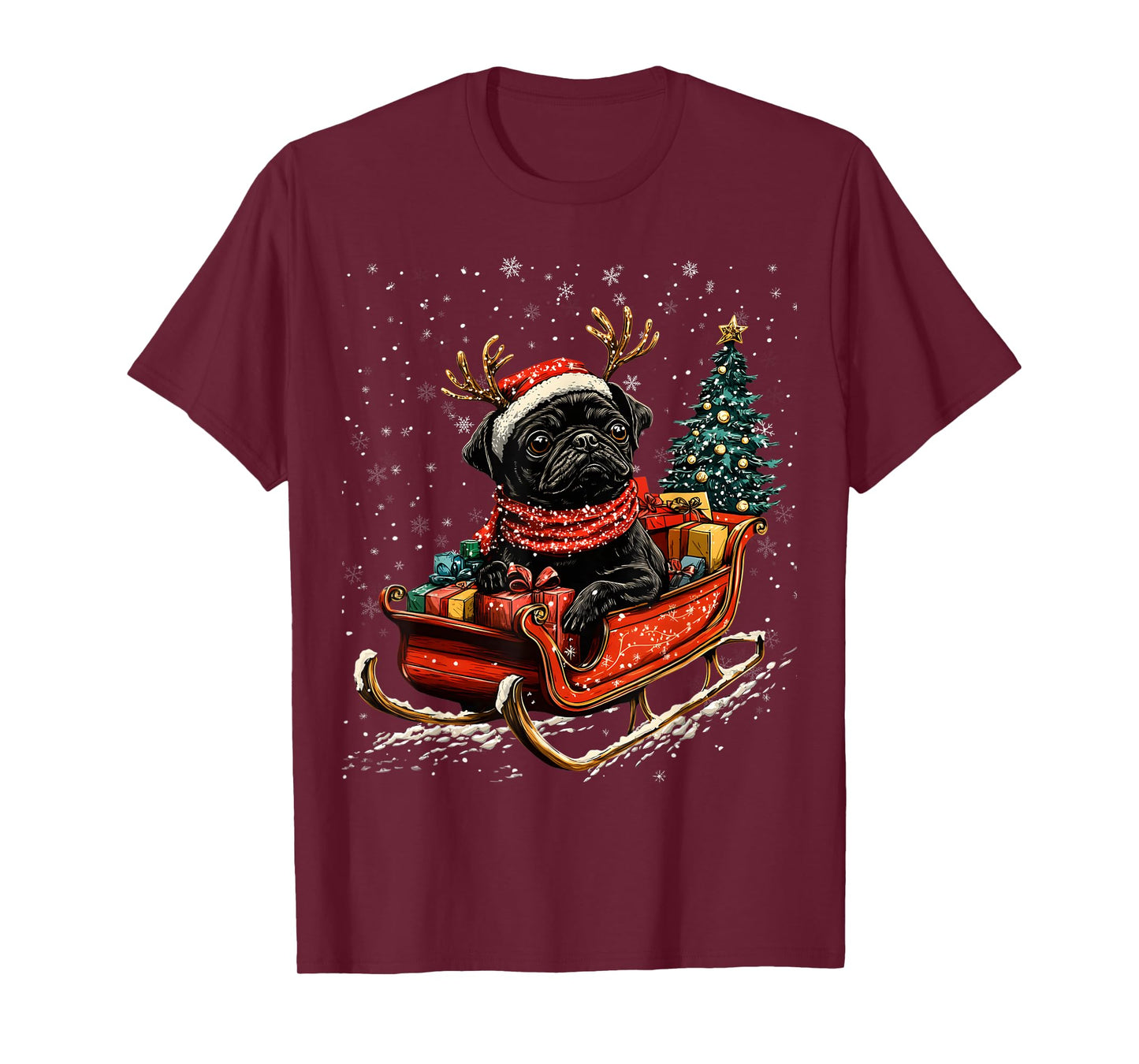 Santa Black Pug reindeer Light Christmas T-Shirt