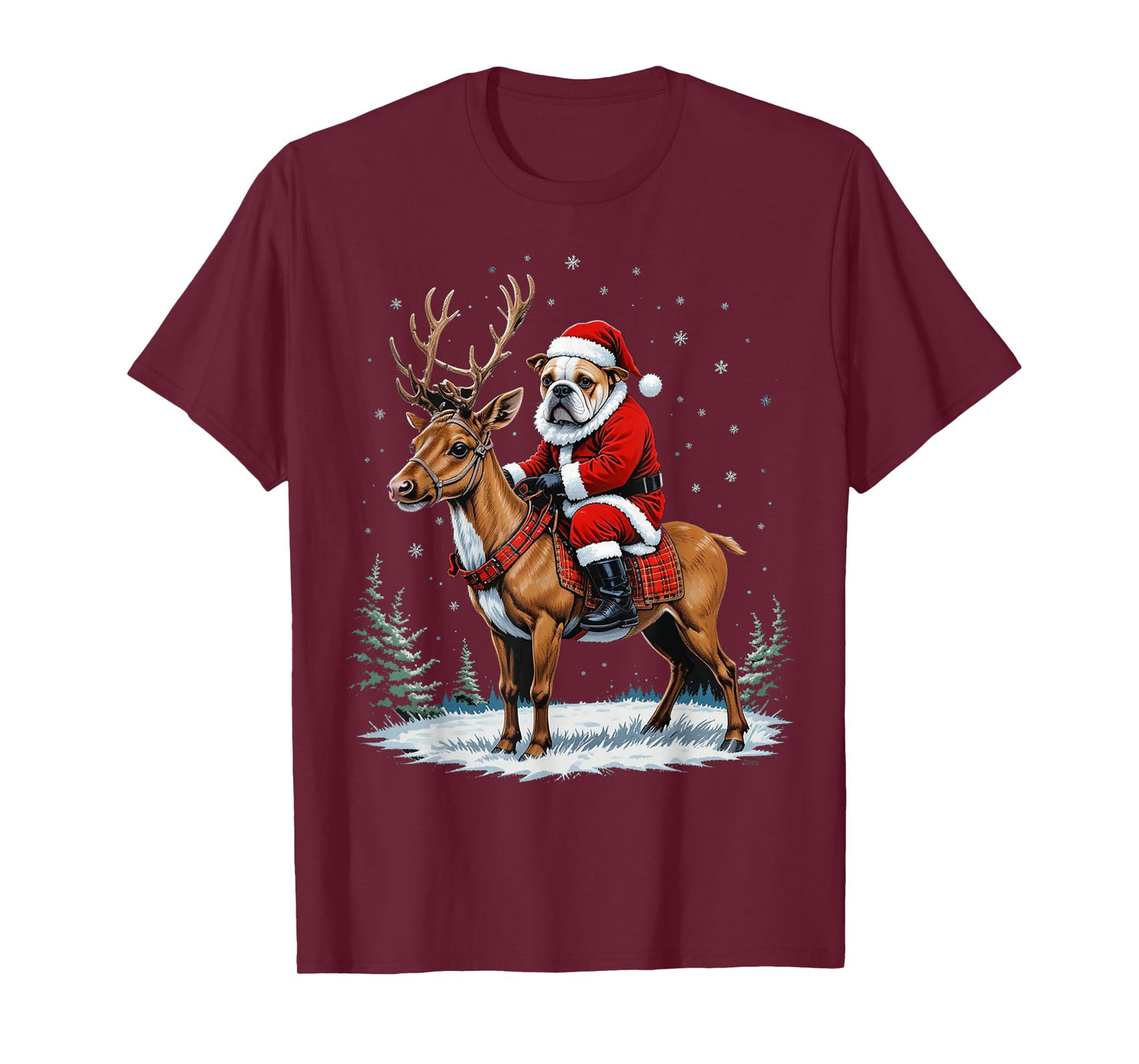 Bulldog Santa Riding Reindeer Christmas Holiday T-Shirt