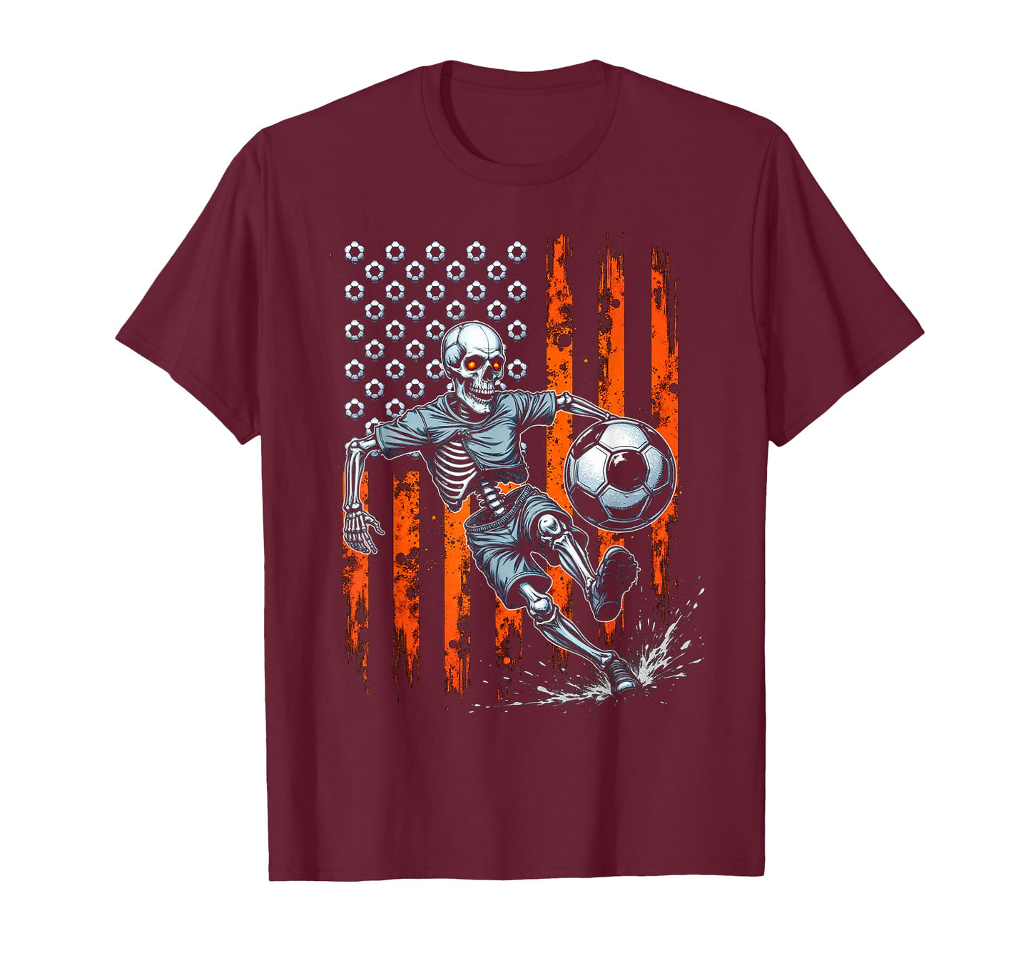 Retro Skeleton Playing Soccer USA Flag Spooky Halloween 2025 T-Shirt