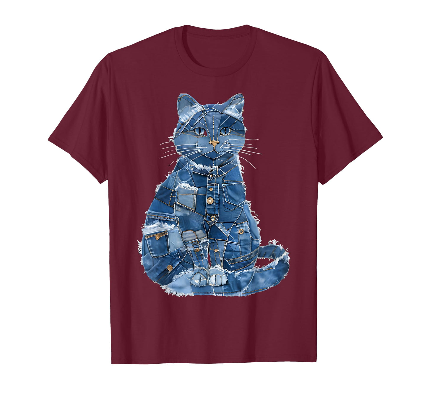 Retro Cat Pattern Denim Patchwork Graphic Art T-Shirt