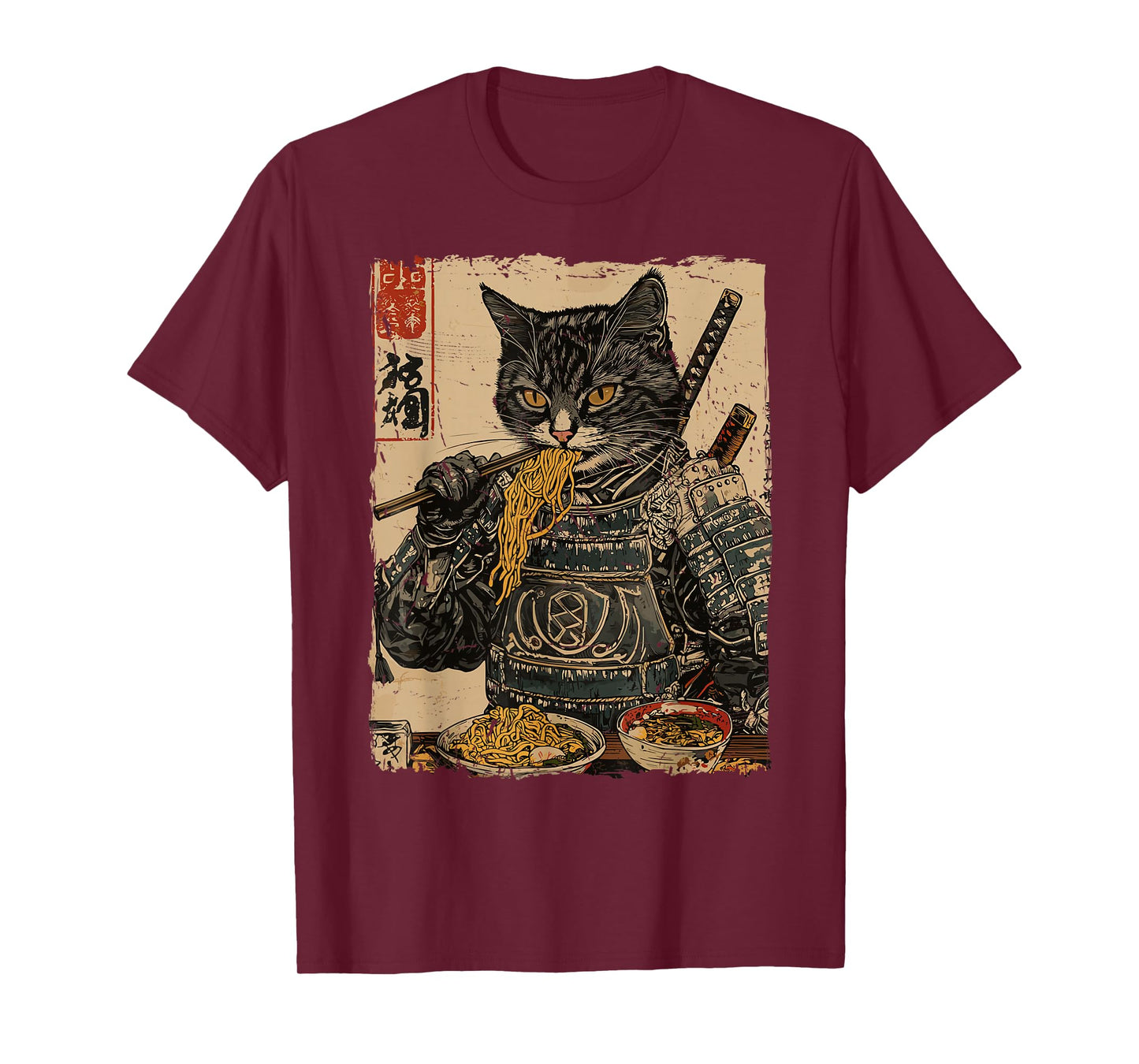 Samurai Cat Loves Ramen Funny Anime Japanese Artwork Samurai T-Shirt