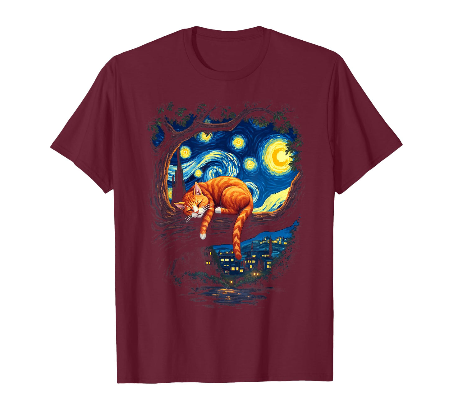 Van Gogh Starry Night Funny Cat Moonlit Scene Cat Lovers T-Shirt
