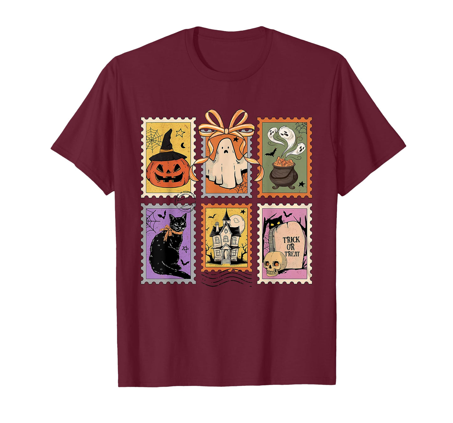 Preppy Vintage Coquette Bow Boojee Ghosts Stamp Halloween T-Shirt