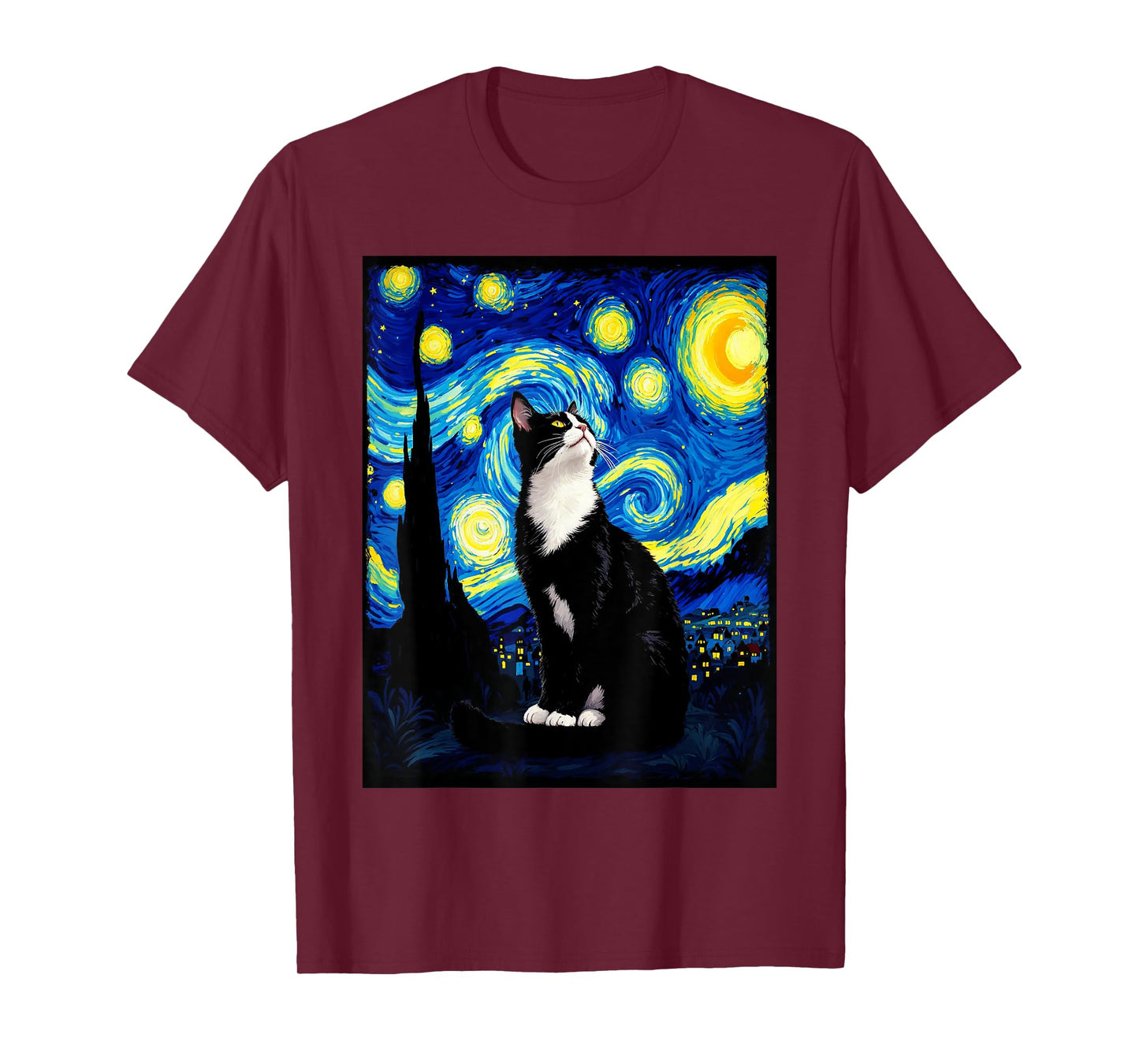 Van Gogh Starry Night Cute Cat Moonlit Scene Cat Lovers T-Shirt for Men Women