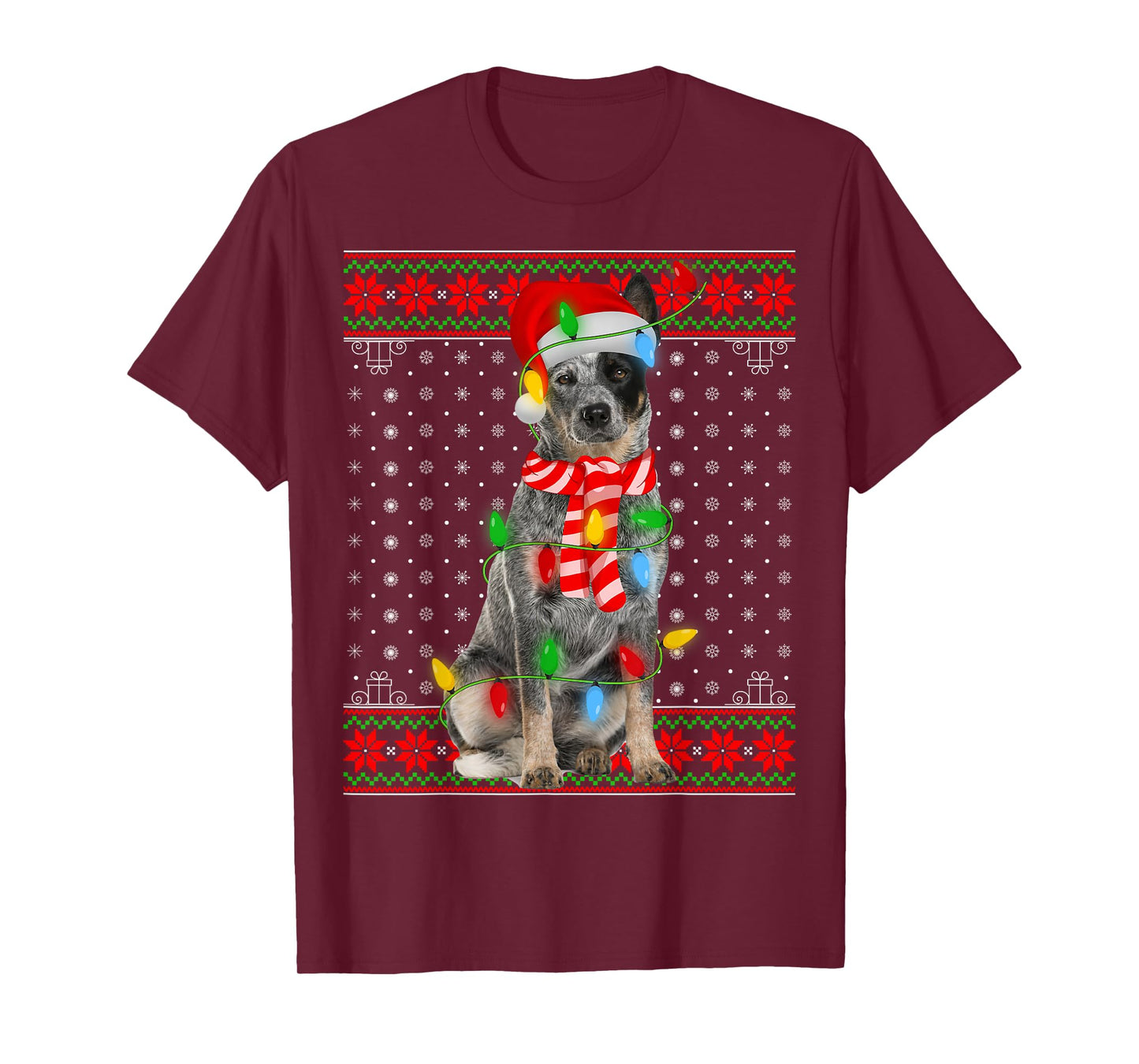 Ugly Xmas Dog Lights Santa Hat Blue Heeler Dog Christmas T-Shirt