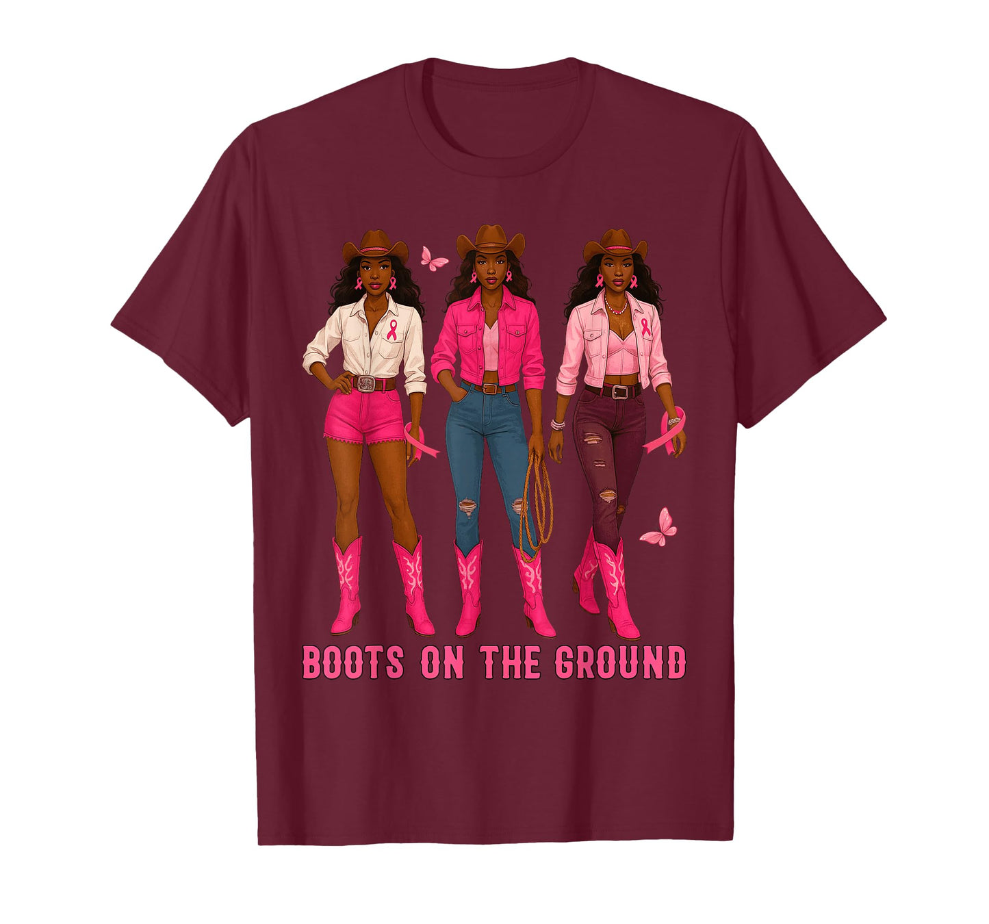 Boots On The Ground Pink Cowgirl Breast Cancer Western T-Shirt