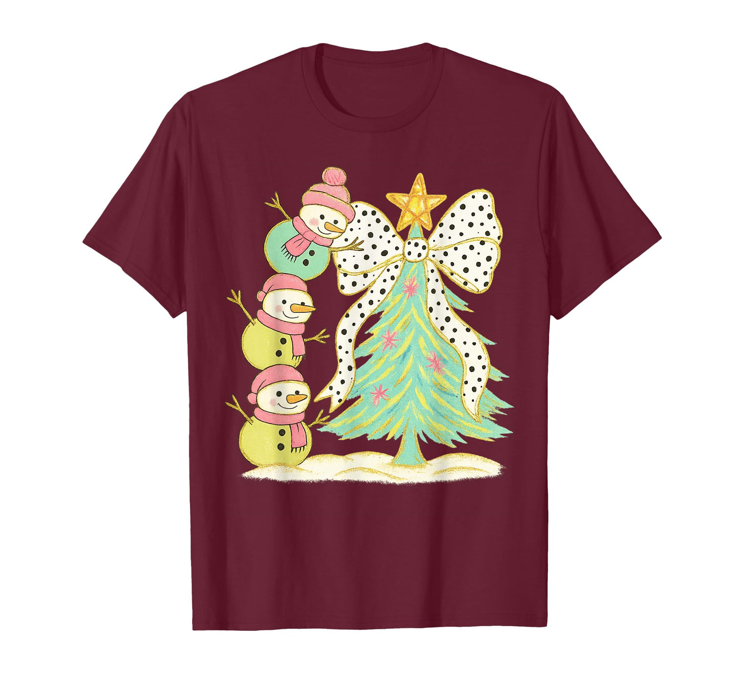 Preppy Coquette Christmas Snowm 2025 Funny Family Matching T-Shirt