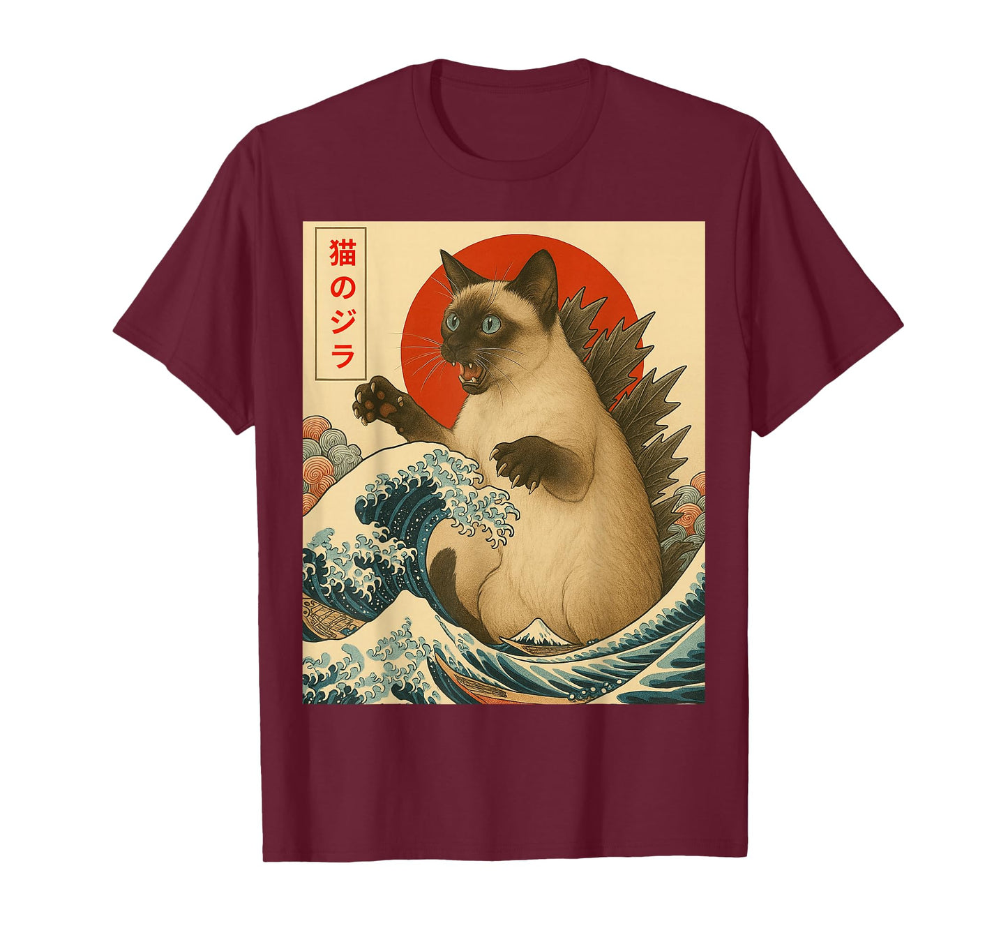 Siamese cat Catzilla Great Wave Funny Japanese Art Tee T-Shirt