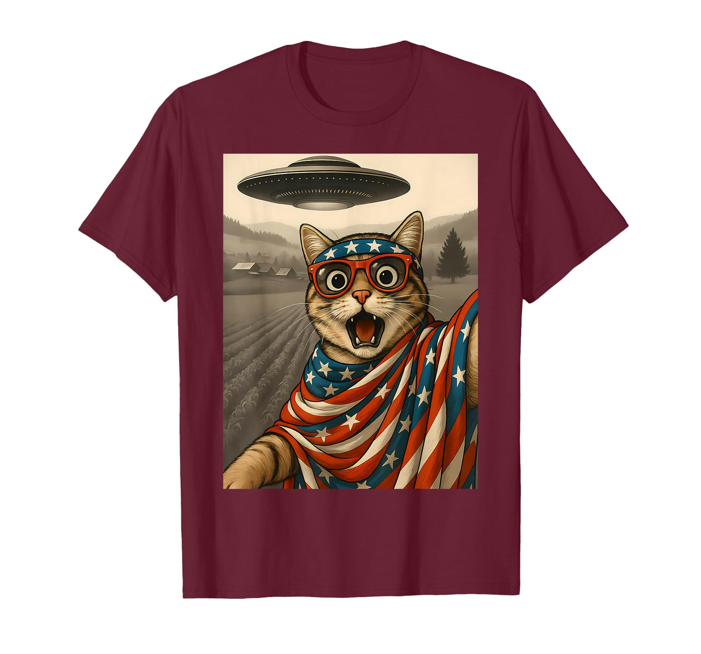 Cat Selfie With Alien UFO Funny 4th Of July Happy Patriotic Men Women Kids T-Shirt
