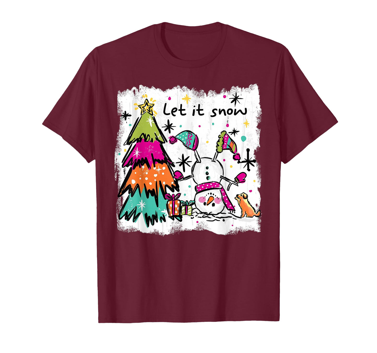Funny Christmas Snowman Tree Let It Snow Retro Design T-Shirt