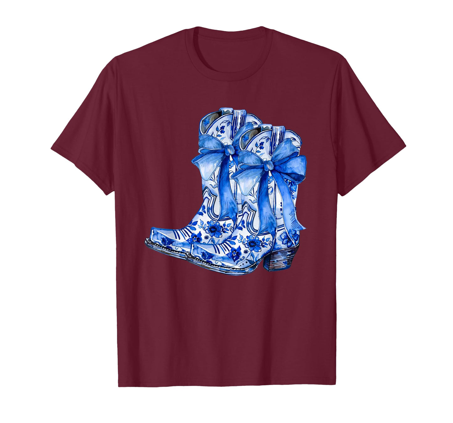 Boots Bow Coquette Coastal Cowgirl Blue Chinoiserie Floral T-Shirt