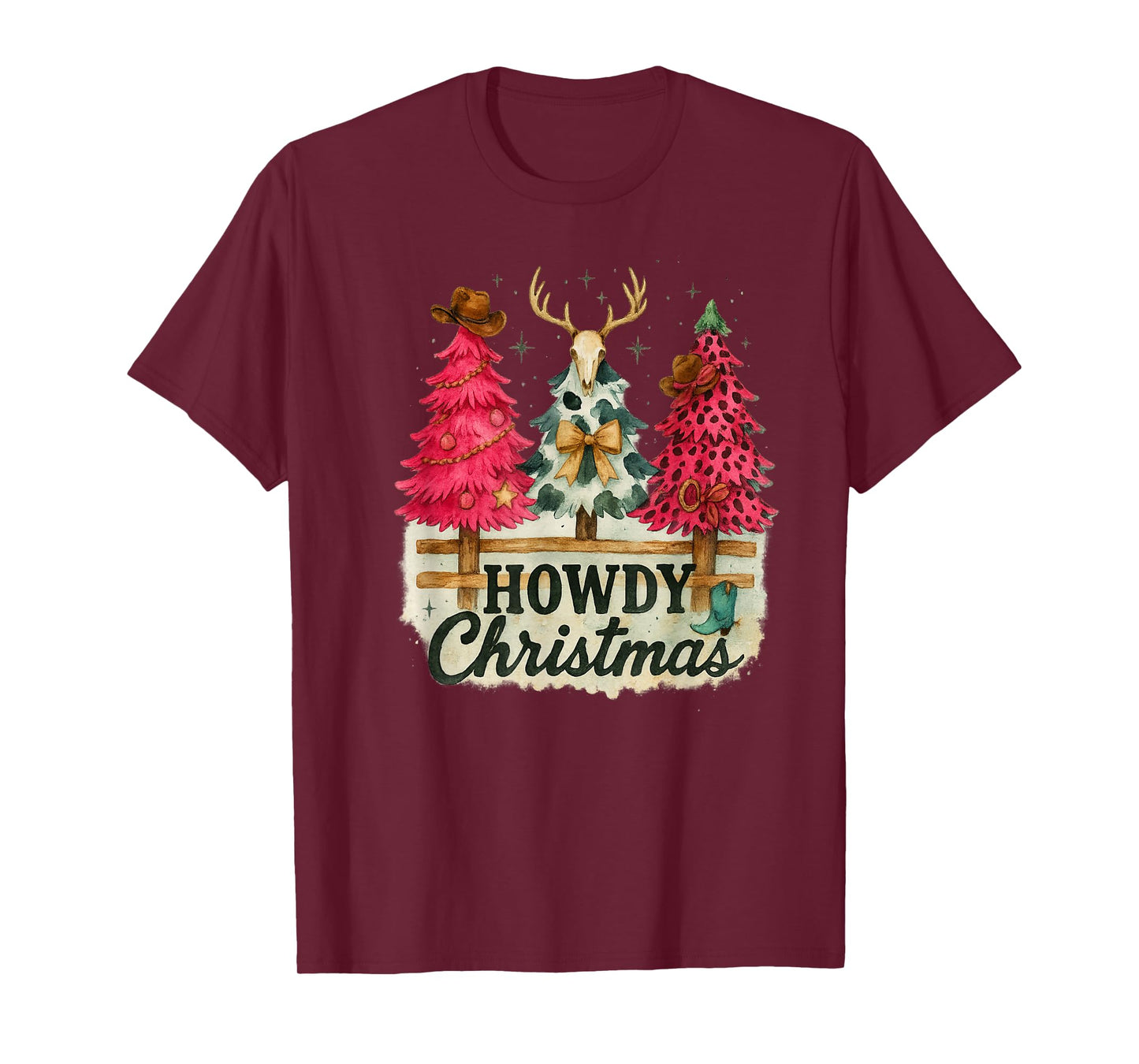 Howdy Christmas Western Trees Cowprint Leopard Cowboy T-Shirt