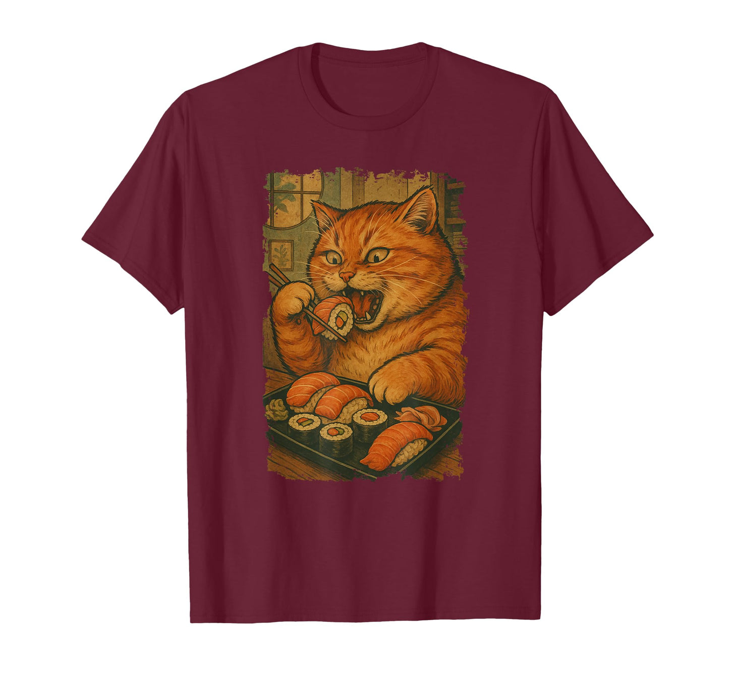 Orange Tabby Cat Eats Sushi Japanese Vintage T-Shirt