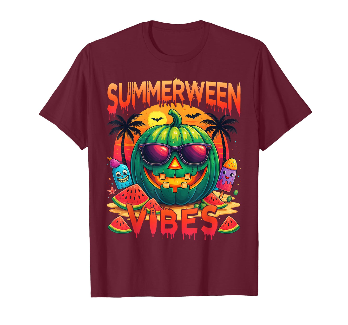 Skeleton Summer Summerween Vibes Watermelon Jack-O-Lantern T-Shirt