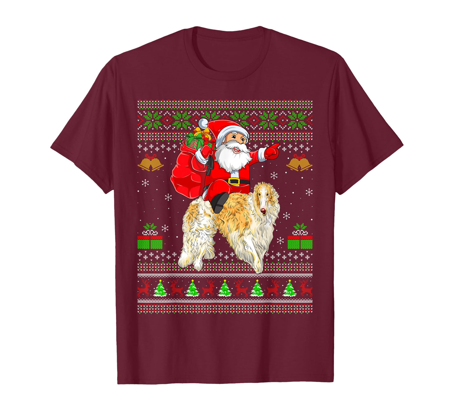 Ugly Xmas Sweater Funny Santa Riding Borzoi Dog Christmas T-Shirt