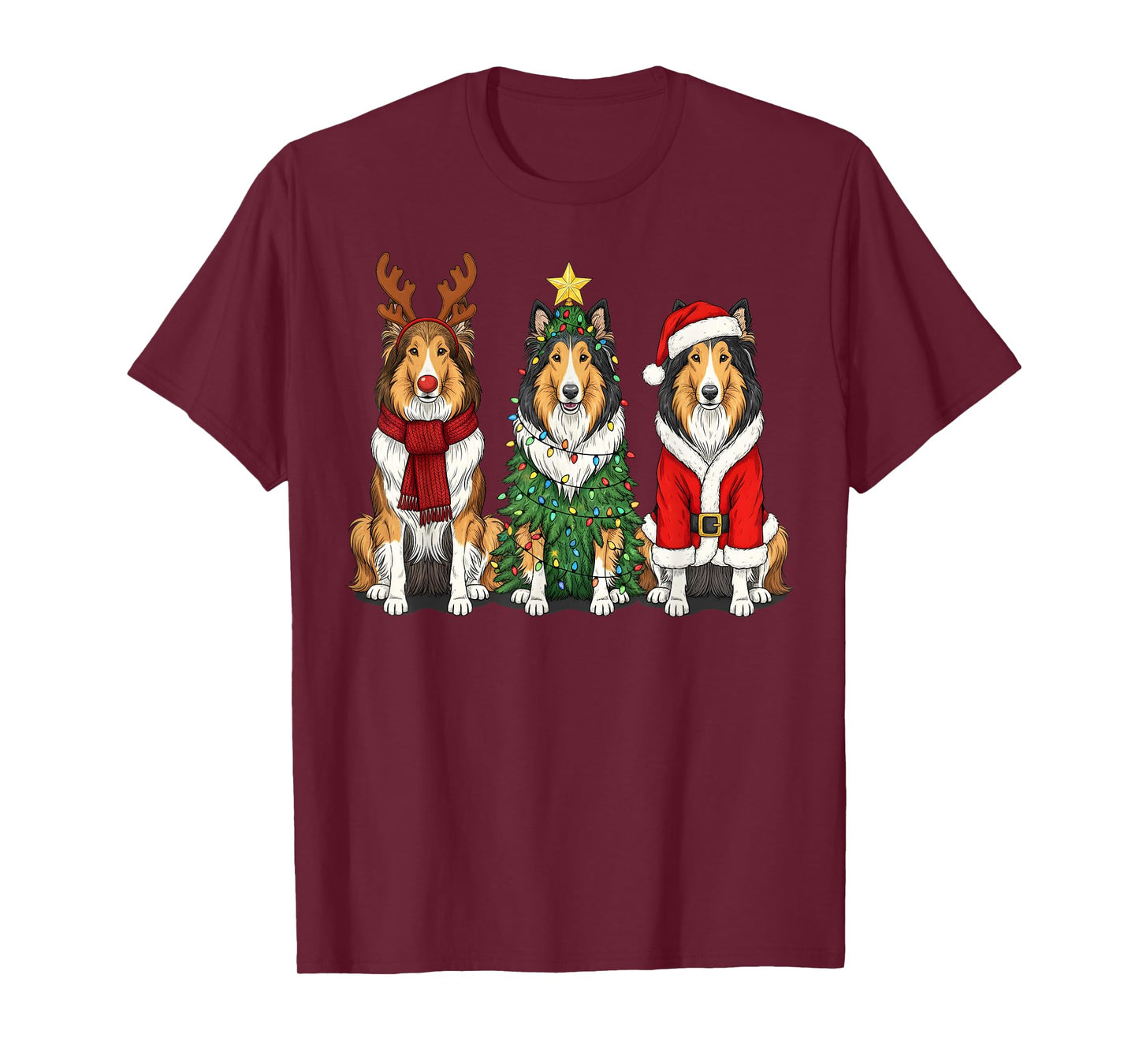Retro Christmas Rough Collie Santa Reindeer Dog Lover T-Shirt