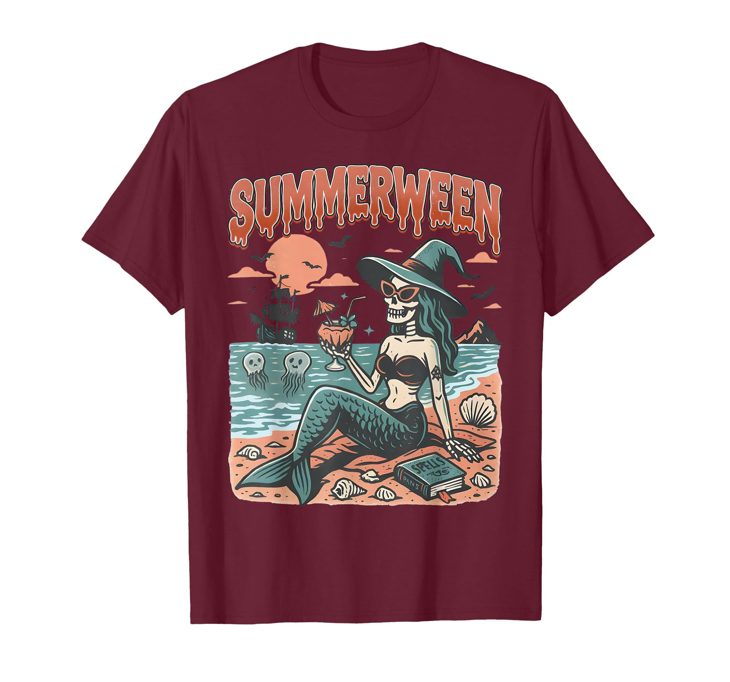 Summerween Mermaid Skeleton Beach Flamingo Halloween Girl T-Shirt