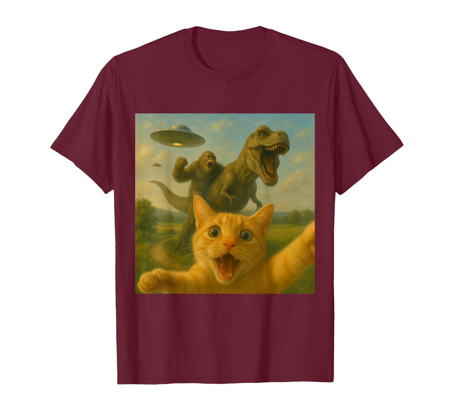 Funny Surprised Scared Cat Selfie T-Rex Dinosaur Bigfoot UFO T-Shirt