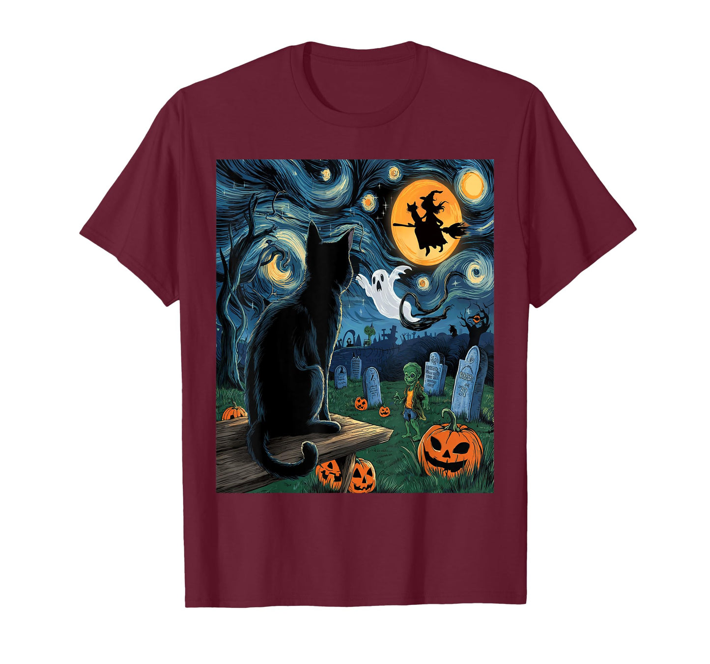 Halloween Van Gogh Starry Night Black Cat Pumpkins Witch Men Women Kids T-Shirt