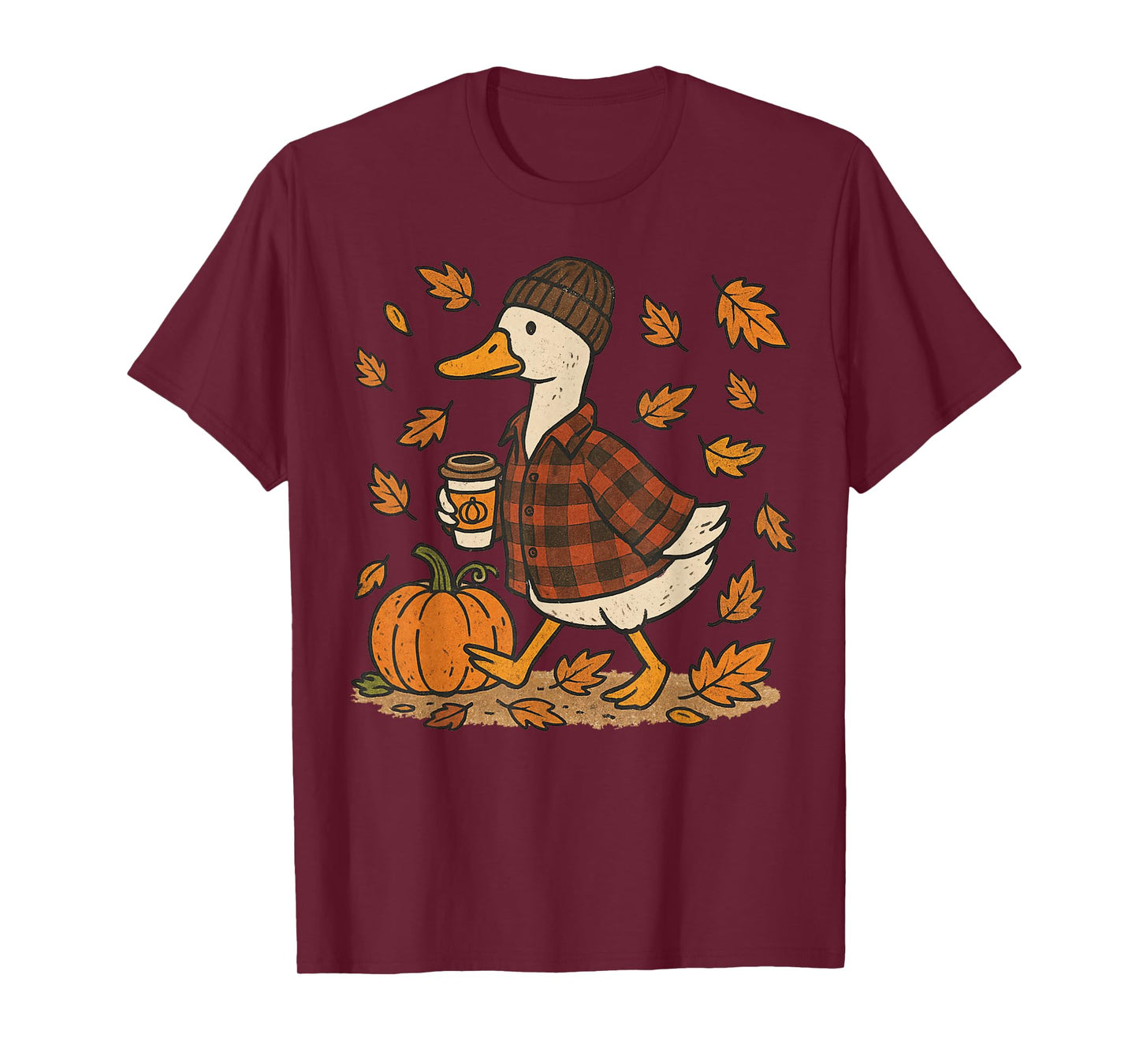 Fall Pumpkin Goose Autumn Coffee Lover Cozy Flannel Season T-Shirt
