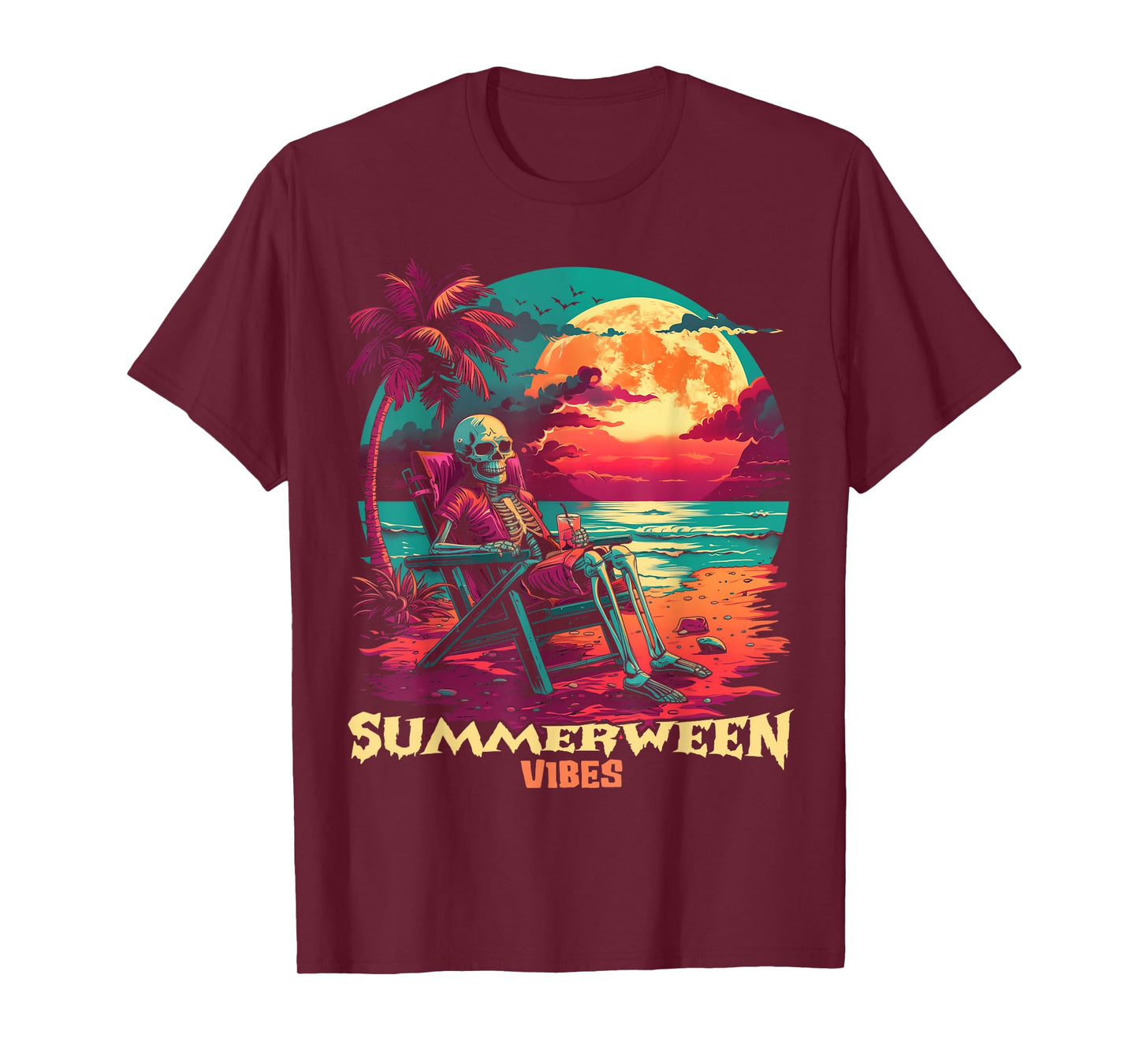 Happy Summerween Vibes Summer Halloween Holiday Skeleton Bea T-Shirt
