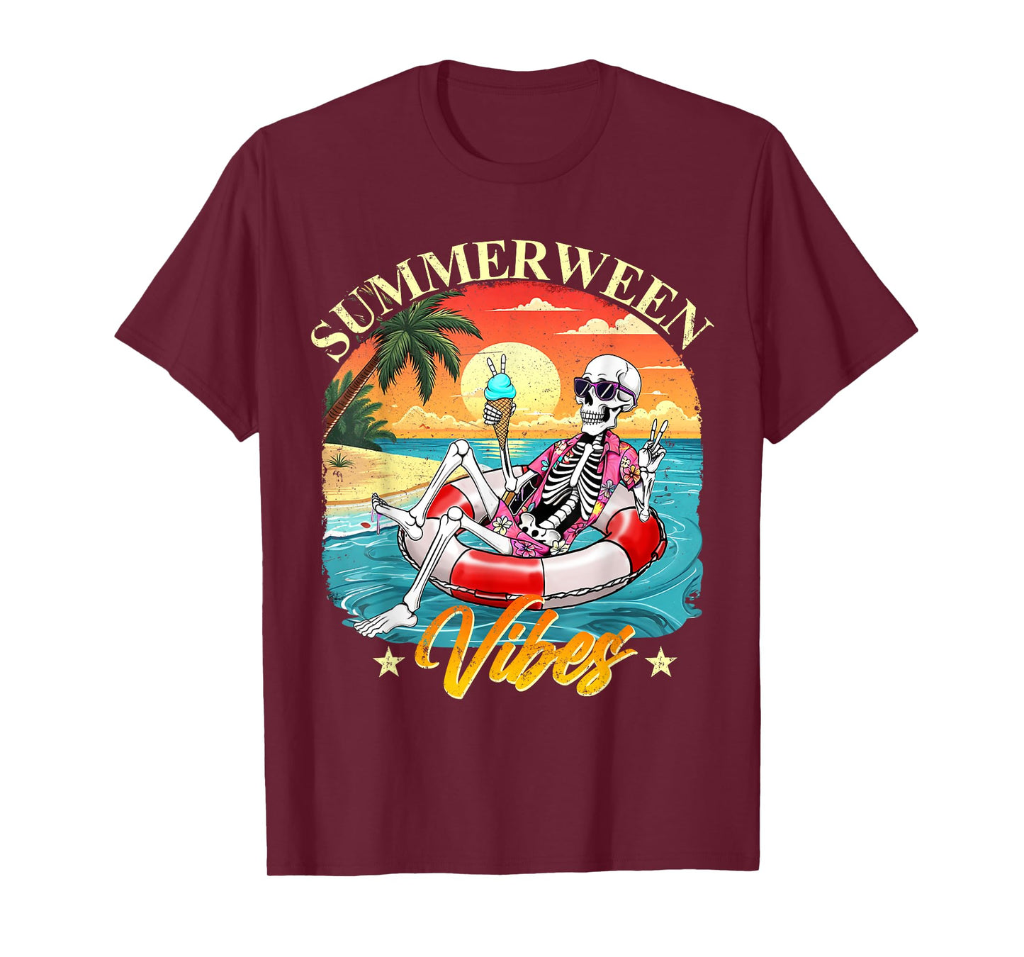 Funny Summerween Vibes Skeleton Pumpkin Spooky Vacation T-Shirt