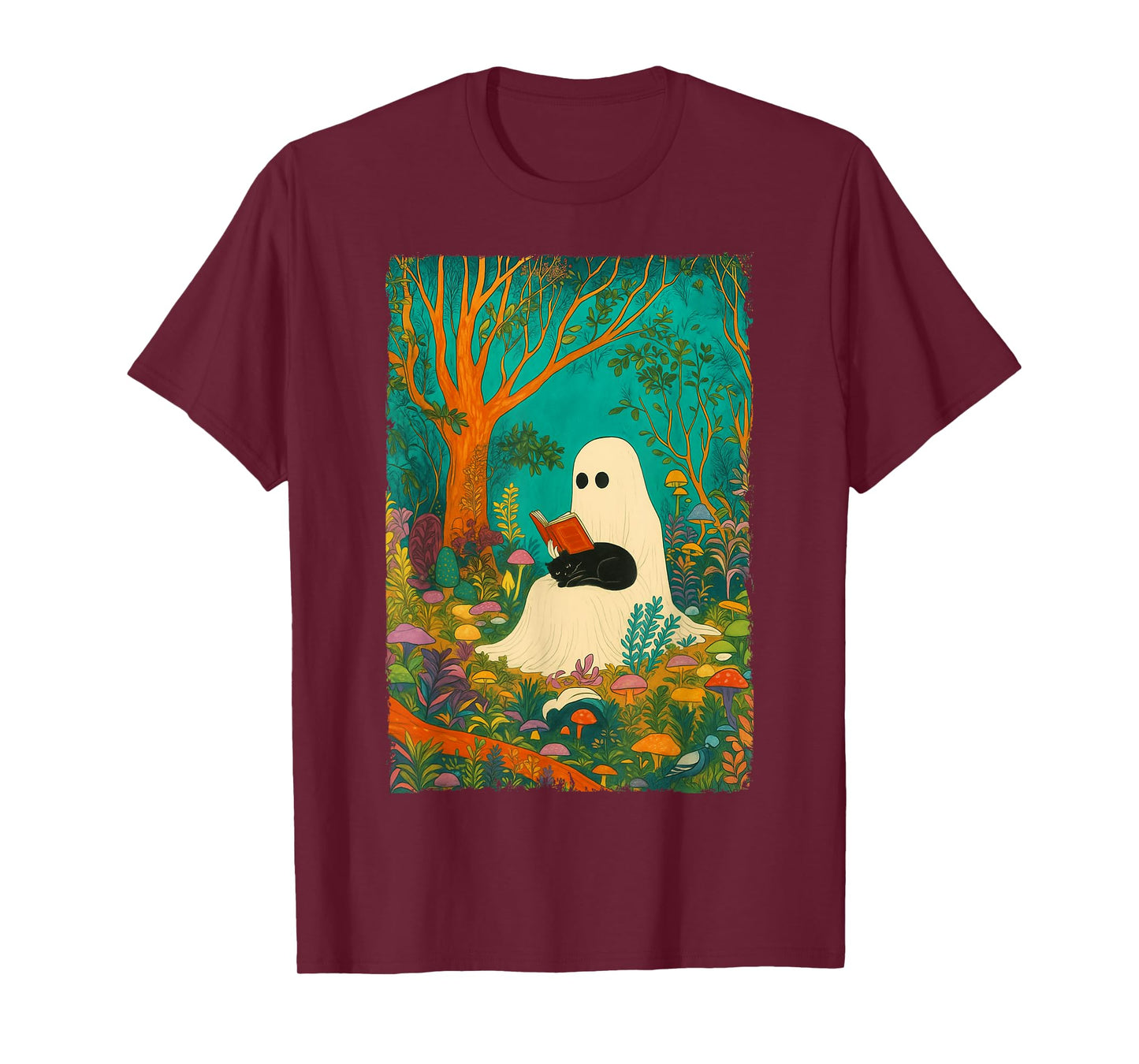 Groovy Ghost Reading Book Black Cat Halloween Ghost Teacher T-Shirt