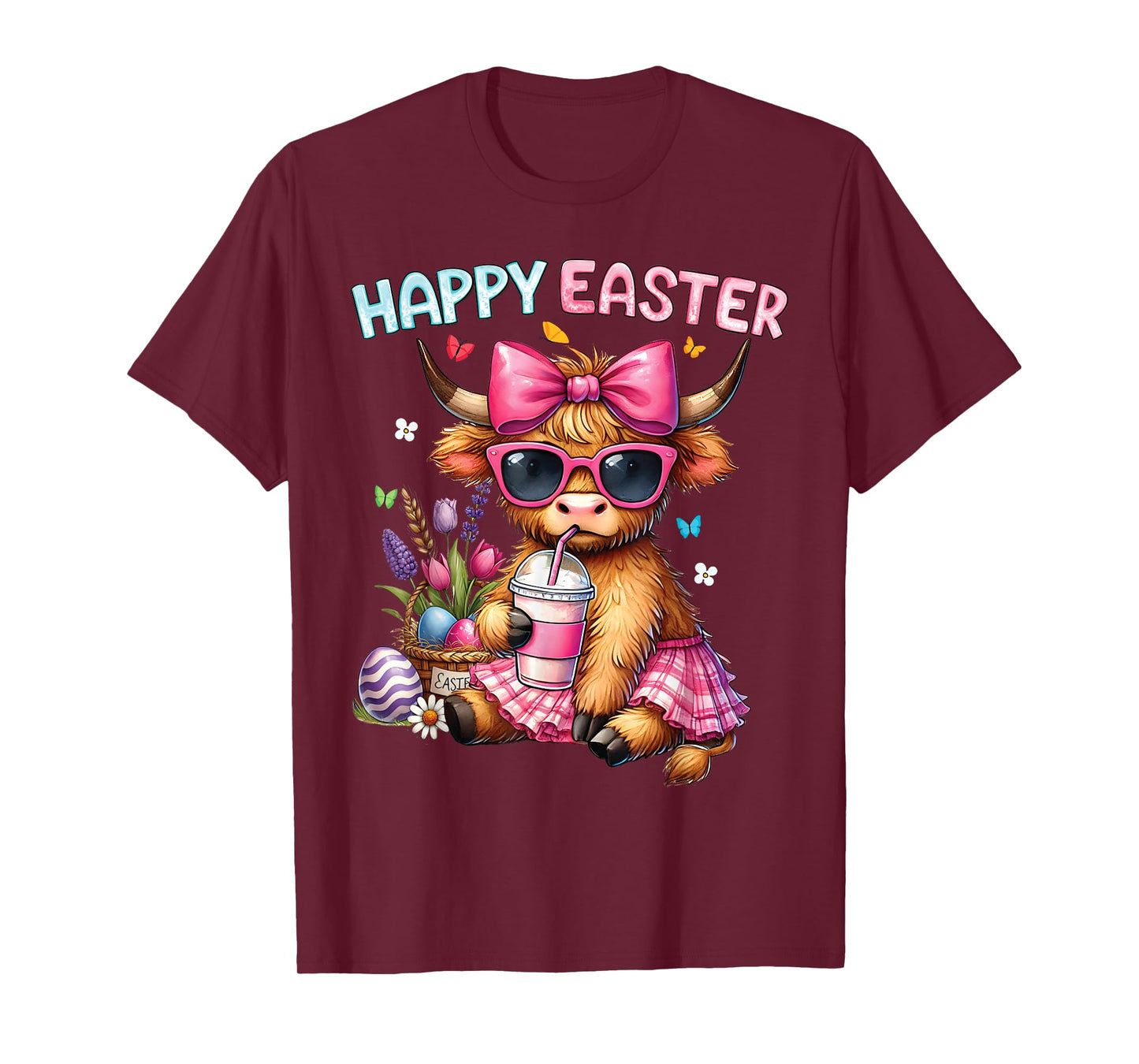 Happy Easter Day Highland Cow Cute Easter Bunny Women Kids T-Shirt