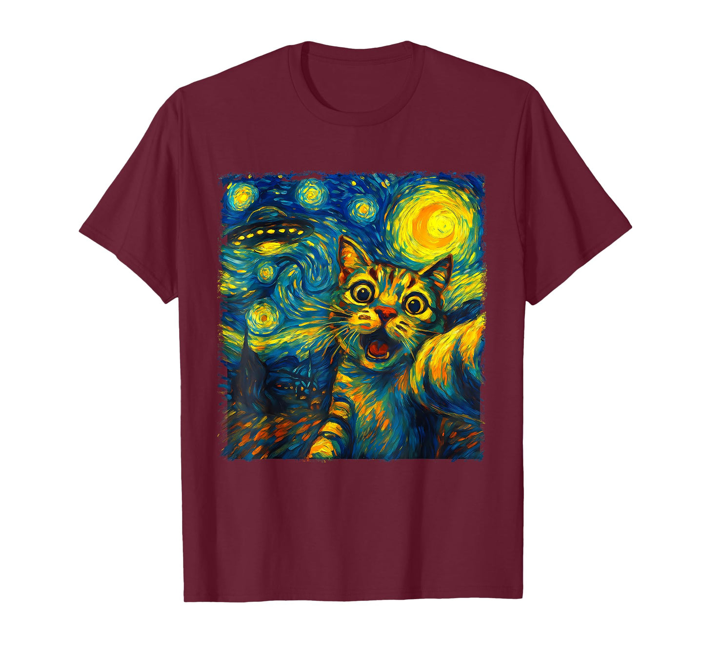 Cat Selfie With Alien UFO Funny Starry Night Van Gogh Men Women Kids T-Shirt