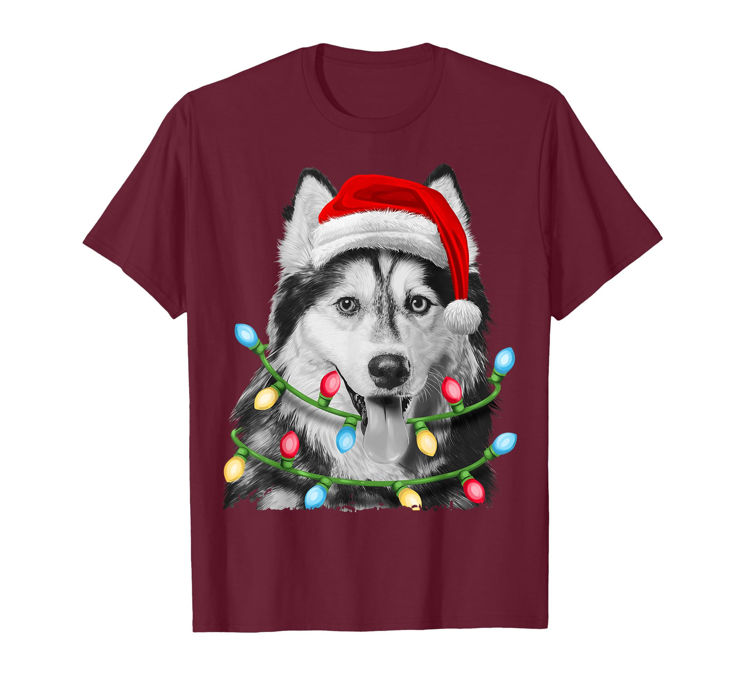 Siberian Husky Santa Christmas Tree Lights Xmas Boys Dog T-Shirt