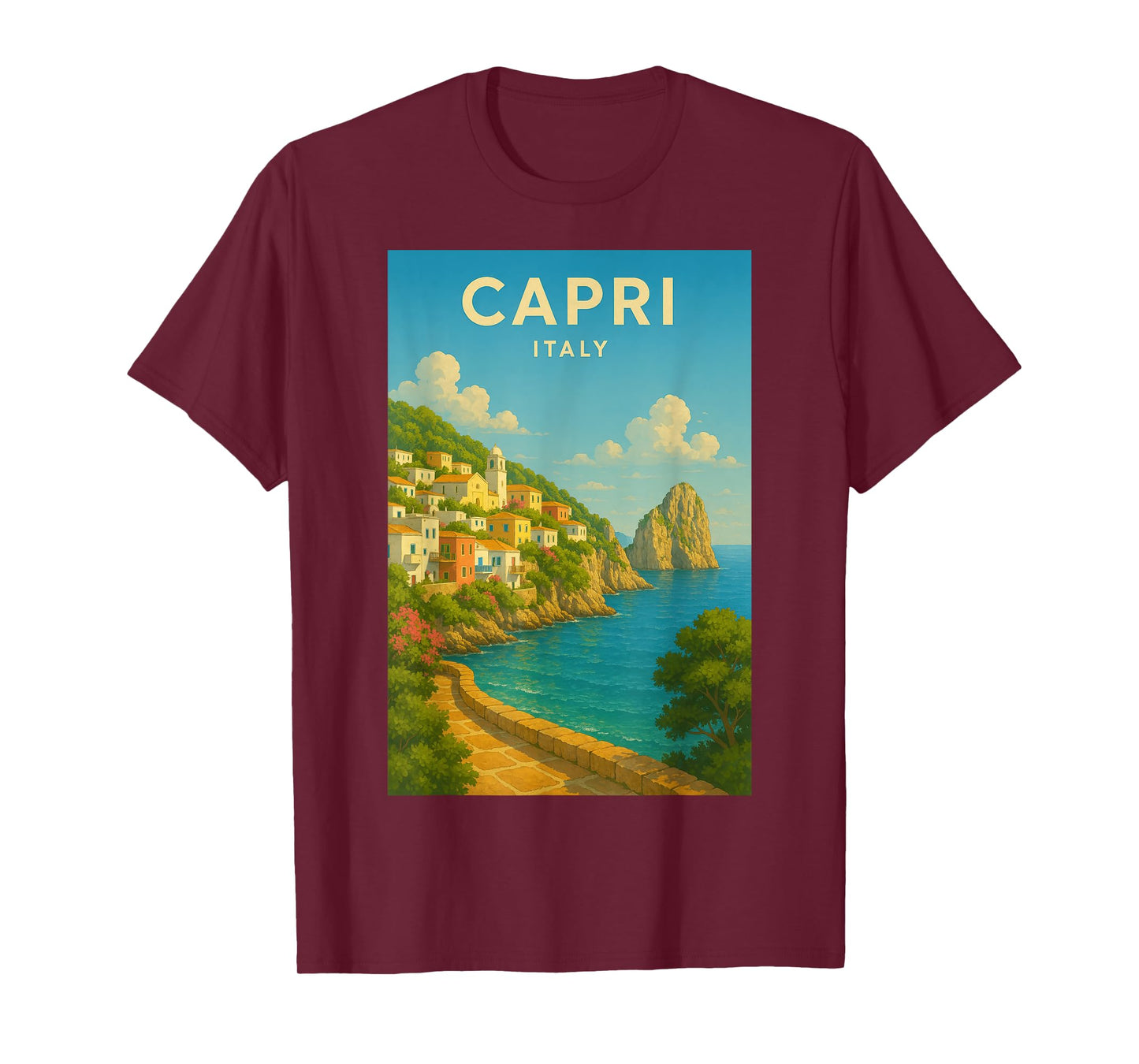 Capri Italy Vintage Travel Art Print Coastal Paradise Scene T-Shirt