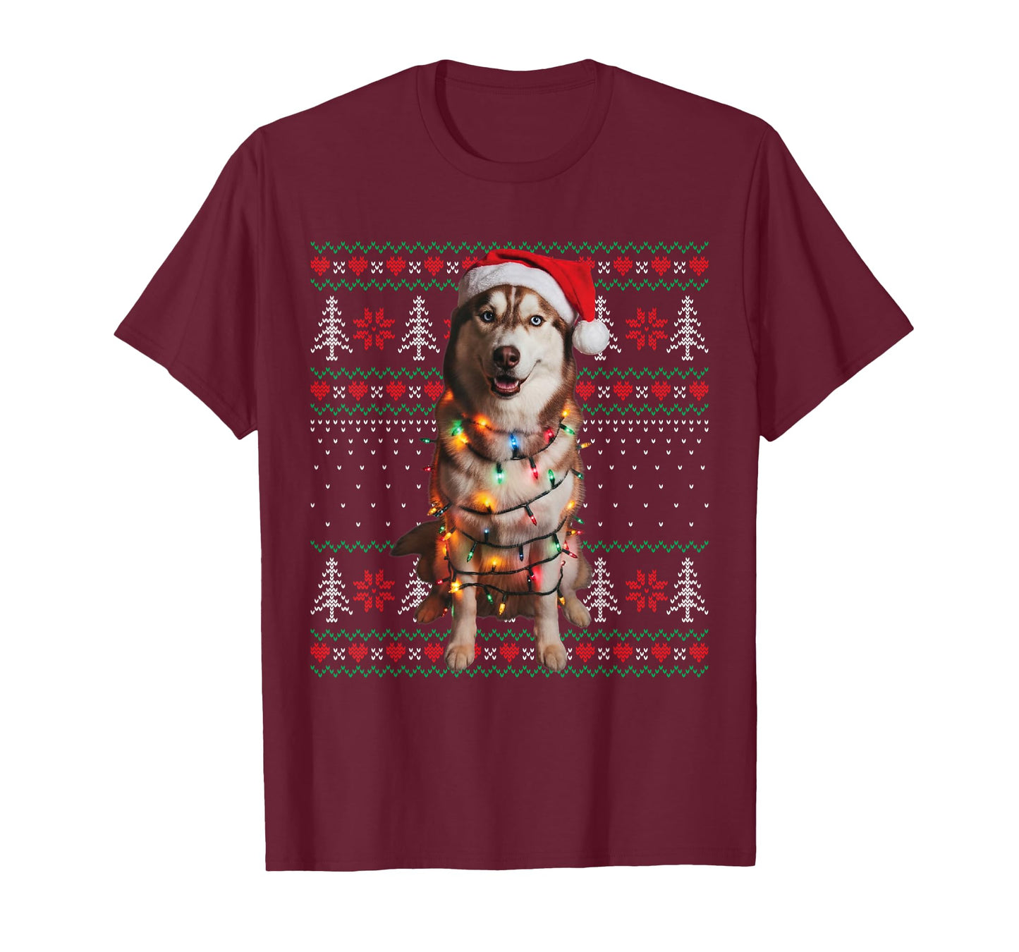 Siberian Husky Dog Christmas Ugly Sweater Dog Lights Xmas T-Shirt